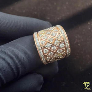 Anillo de banda ancha de plata de ley 925 con moissanita y diamantes, tono oro rosa, diseño de celosía brillante, joyería para minoristas - Product Image 2