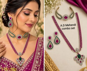 Ensemble de colliers élégants en pierre AD double couche, comprenant un collier ras-du-cou et un long collier en diamant américain brillant, avec boucles d'oreilles pendantes assorties, vente en gros - Product Image 5