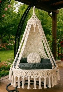 Handmade Macrame <b>Hanging</b> <b>Chair</b>: Boho <b>Outdoor</b> Swing Seat with Cushion,Housewarming Gift,Christmas - Product Image 3