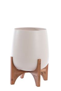 Pot de fleurs minimaliste en métal avec support en bois pour usage intérieur - Product Image 4