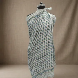 White Blue Floral Hand Block Printed Cotton Sarong Scarf with Green Border Lightweight <b>Beach</b> <b>Wrap</b> Stole for Women - Product Image 3