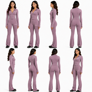 Conjunto de yoga para mujer: leggings acampanados de tiro alto, chaqueta corta con cremallera frontal, ropa deportiva ajustada para entrenamiento, ropa deportiva OEM para mujer - Product Image 4
