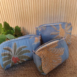 Cotton Quilted Cosmetic Pouch Set, 3-Piece Floral Makeup Bag,Grey Palm Toiltery Pouches (Set of 3) - Product Image 1