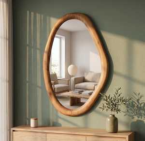Miroir mural moderne en bois massif en forme d'œuf, miroir d'appoint ovale asymétrique avec cadre en bois, décoration esthétique pour salon, pièces de verre - Product Image 1