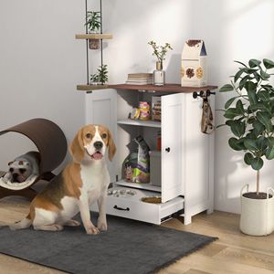 Stazione di Alimentazione per Animali Domestici Bianca per Cani di Taglia Media, Ciotole Rialzate Portatili con Vano Portaoggetti e Ganci Regolabili per Gatti - Product Image 2