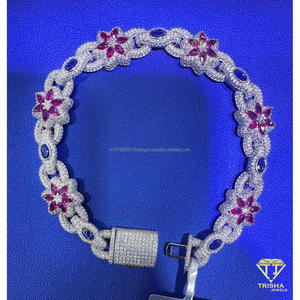 Luxury Floral Moissanite Bracelet with Ruby Red Marquise Cut Stones and Blue Oval Accents Fully <b>Iced</b> <b>Out</b> Diamond Look Jewelry - Product Image 3