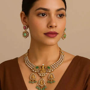 Conjunto de collar y aretes estilo templo Nakshi de Gajaah en plata de ley 925 con diamantes Polki y esmeraldas - Product Image 1