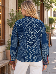 Indigo Patchwork Cotton <b>Shirt</b>, Handmade Boho Cotton Top - Product Image 2