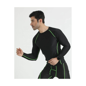 SIRIUS SPORTS Men's <b>Black</b> Compression <b>Long</b> <b>Sleeve</b> Crew Neck <b>Top</b> Green Contrast Stitch Breathable Seamless Quick Dry Spandex - Product Image 3