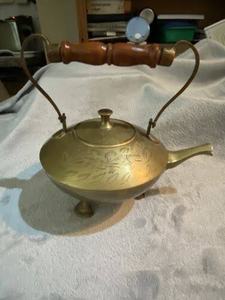 Vintage Brass Tea Pot With Wooden Handle And Engraved Floral Design Water Pots & <b>Kettles</b> - Product Image 1