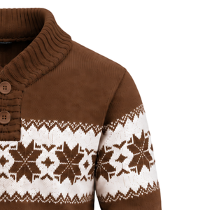 Suéter de Punto Fair Isle Marrón para Hombre, Cuello Chal, Patrón Nórdico Blanco, Manga Larga, Otoño, Casual, 100% Algodón - Product Image 3