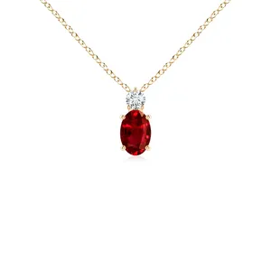 Pendentif solitaire en or pur 14 carats avec rubis rouge naturel taille ovale et diamant véritable, certifié IGI, haute qualité - Product Image 1