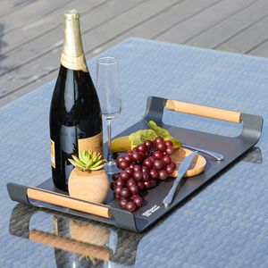 Plateau de patio extérieur en aluminium avec poignée en teck, gris, thermolaqué, élégant mobilier de jardin - Product Image 4