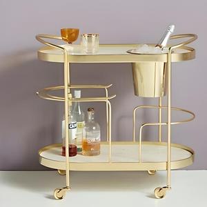 Designer Iron Bar Cart with Gold Finish Frame and Tempered Glass Shelves Rolling <b>Serving</b> <b>Trolley</b> Home Kitchen Dining Organizer - Product Image 4