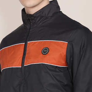 Men'<b>s</b> Color Blocking Racer <b>Jacket</b> Windproof Stand Collar Zipper Closure Sporty Style Autumn Wear Black Orange Panel Design - Product Image 5