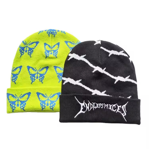 Endlessplaces Bonnet style punk avec motif de fil barbelé et motif papillon, bonnet tricoté d'hiver unisexe 56-58CM - Product Image 1