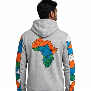 Sweat à capuche gris pour homme avec imprimé géométrique africain, coupe classique, en coton French Terry, décontracté, pour l'automne - Product Image 3