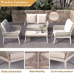 Acacia Wood 4-Piece Outdoor Patio Furniture Set Solid Wood <b>Bench</b> 2 Single <b>Chairs</b> Thick Cushions Coffee <b>Table</b> Included Model - Product Image 6