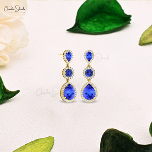 Wholesale Supplier 10x8mm Pear Cut Tanzanite & Diamond Cocktail Halo <b>Earrings</b> With 14k Solid <b>Gold</b> Handmade <b>Dangle</b> Drop <b>Earring</b> - Product Image 6