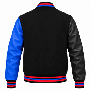 เสื้อแจ็คเก็ตวาร์ซิตี้ผู้ชาย Cosh International OEM ODM สีดำและน้ำเงิน แขนหนัง PU แบบกำหนดเองสำหรับเบสบอล - Product Image 3