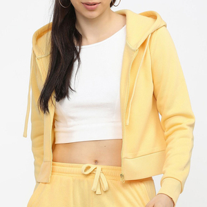Sweat-shirt à capuche jaune pour femme, fermeture éclair, longueur courte, décontracté, tricoté en coton et fibre de bambou, pour le printemps - Product Image 1