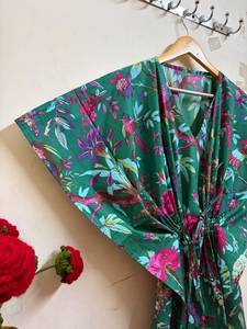 Women Floral Bird Print Cotton <b>Kaftan</b> Dress | Boho <b>Beach</b> Cover-Up Resort Wear V-neck Batwing Sleeves Maxi Eco-Friendly Handmade - Product Image 3