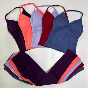 Conjunto de leggings de yoga para mujer, cintura alta, tiras cruzadas, top sin espalda, logo frontal, ropa deportiva para gimnasio y fitness - Product Image 4