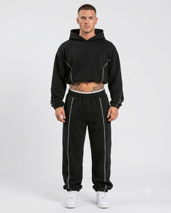 Ensemble de survêtement personnalisé pour homme, noir, coupe oversize, avec détails contrastants, en molleton de coton de qualité supérieure, comprenant un sweat à capuche et un pantalon de survêtement à jambes larges, OEM - Product Image 1