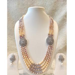 Ensemble collier et boucles d'oreilles tendance pour femmes, en laiton plaqué argent, avec longues perles et pierres de zircon, idéal pour les occasions de mariage - Product Image 1