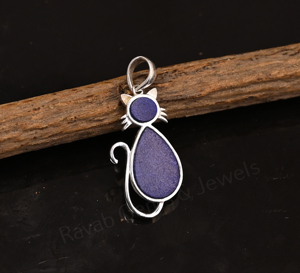 Pendentif unisexe en forme de chat mignon en lapis-lazuli, pierre précieuse de 5 mm, poire 10x12 mm, serti en argent 925, thème animal, breloque chrétienne - Product Image 2