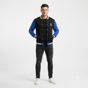 Hot Selling <b>Men</b> Varsity <b>Men's</b> <b>Jacket</b> OEM Color Block Varsity <b>Jacket</b> <b>Men</b> Black Blue Snap Button Streetwear <b>Baseball</b> <b>Jacket</b> - Product Image 1