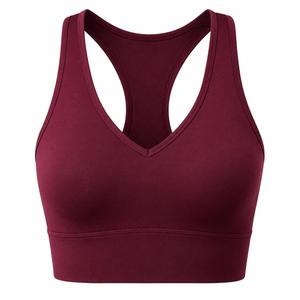 Women Racerback Sports Bra Solid <b>Maroon</b> V-Neck Medium Support Seamless Yoga Fitness Wear Spandex Polyester Breathable Quick Dry - Product Image 1
