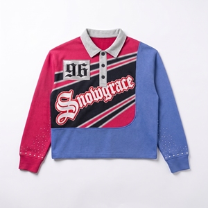 เสื้อเบสบอลแขนยาวสีสันตัดกัน Snowgrace ปักโลโก้ คอปกพับได้ ทรงปกติ เสื้อผ้าผู้หญิง - Product Image 1