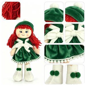 Muñeca de terciopelo verde personalizada con vestido navideño, juguete de peluche con gorro de invierno, muñeca de peluche festiva con ribete de pompones, muñeca de peluche de regalo para niñas - Product Image 3