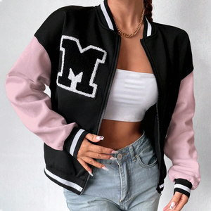 Women’s Black and Pink Letterman <b>Jacket</b> Embroidered M <b>Patch</b> Full Sleeve Zipper Front Turn Down Collar Casual Autumn Varsity Wear - Product Image 1