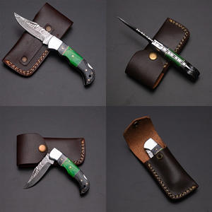 Cuchillo Plegable de Bolsillo de Acero de Damasco de Grado Industrial Hecho a Mano con Mango de Madera Pakka, Funda de Cuero para Camping y Caza, con Bloqueo de Seguridad (Lockback) - Product Image 1