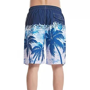 Short de bain décontracté pour homme, imprimé palmiers bleus, séchage rapide, taille à cordon de serrage, longueur Bermuda, taille mi-haute, en polyester tissé - Product Image 5