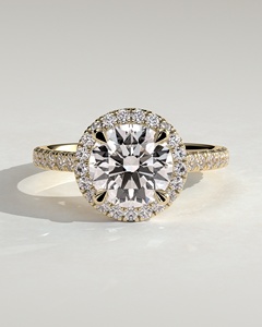 Anillo Solitario de Oro Sólido de 14K con Diamante Cultivado en Laboratorio de Corte Redondo Catedral y Halo, con Banda de Diamantes Engastados en Pavé, Joyería Fina - Product Image 1