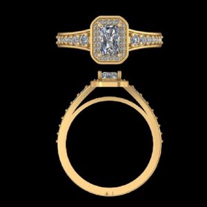Anillo de compromiso con diamante de corte esmeralda y engaste halo en oro amarillo de 14k y 18k, con banda ancha cónica con pavé de diamantes. - Product Image 2