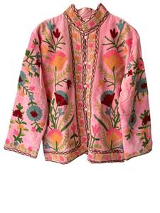Pink Velvet Embroidered Floral Jacket Mandarin Collar Full Sleeve Breathable Winter <b>Coat</b> Cotton Lining Hand Embroidery Design - Product Image 1