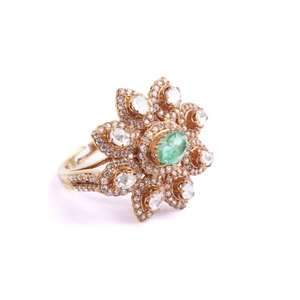 Vintage Style Gajaah 925 <b>Silver</b> <b>Emerald</b> Diamond Flower <b>Ring</b> Gold Plated Floral Cocktail <b>Ring</b>, Polki Diamond Green Statement <b>Ring</b> - Product Image 3
