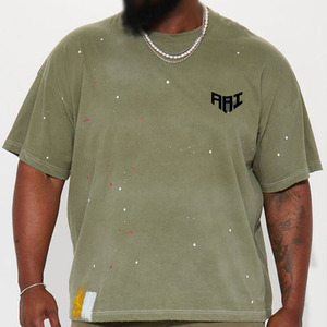 T-shirt Col Rond Oversize Homme Marque Privée Effet Éclaboussures de Peinture Streetwear Unisexe Coton Lavé Fabricant OEM ODM Fournisseur - Product Image 1