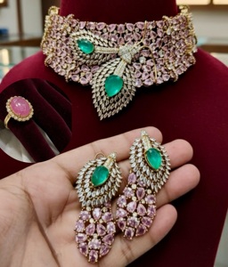 Luxury Premium Quality Gold Plated Beads Wedding Moissanite Doublet Choker <b>Necklace</b> with Earrings & Adjustable <b>Ring</b> Set - Product Image 3