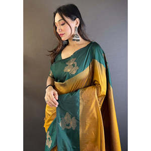 ผ้าซารีไหมเนื้อนุ่มลายดอกไม้ขอบทองลักซอร์ ยี่ห้อ Elite Weaves พร้อมลายปักดิ้นทองแบบตัดกัน น้ำหนัก 0.65 กรัม สำหรับชุดคลับ - Product Image 2