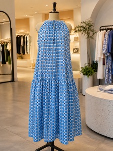 Blue Plaid Sleeveless Halter Lace-<b>Up</b> Maxi <b>Dress</b> Pleated Breathable 100% Cotton Woven Formal Style Natural Waist A-Line <b>Adults</b> - Product Image 3