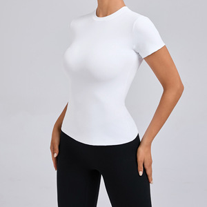 <b>Women</b> Multi Color Slim Fit Yoga Short Sleeves Shirt Casual Round Neck Running <b>Top</b> Female Loose Lower Back Sports T-Shirts - Product Image 6