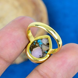 Natural Pink <b>Opal</b> Copper Turquoise Pear Shape Gemstone <b>Ring</b> 18k <b>Gold</b> Micron Over 925 Solid Sterling Silver - Product Image 4