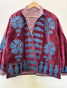 <b>Women's</b> <b>Velvet</b> Blouson <b>Jacket</b> Red With Blue Floral Embroidery Stand Collar Full Sleeve Autumn Outerwear Suzani <b>Jacket</b> <b>Woman</b> - Product Image 3