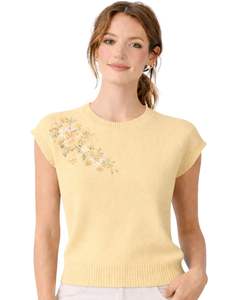 Suéter de Punto sin Mangas para Mujer, Color Amarillo, Bordado Floral, Cuello Redondo, Suave, Ligero, Informal, Chaleco de Verano, Top Elegante y Moderno - Product Image 1