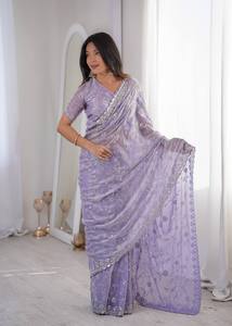 Sari en filet brodé de luxe pour femmes avec travail de sequins, tenue de soirée de créateur, mariage, festif, sari indien traditionnel - Product Image 4